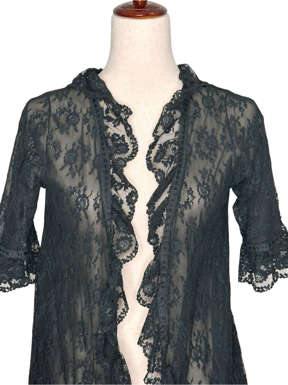 Vintage Radcliff Black Lace Kimono Robe Whimsygoth. Intimates. Fairy. Sheer. S - Picture 3 of 16